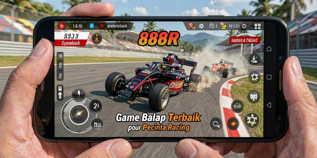 Screenshot utama 888R menampilkan aksi balap mendebarkan.