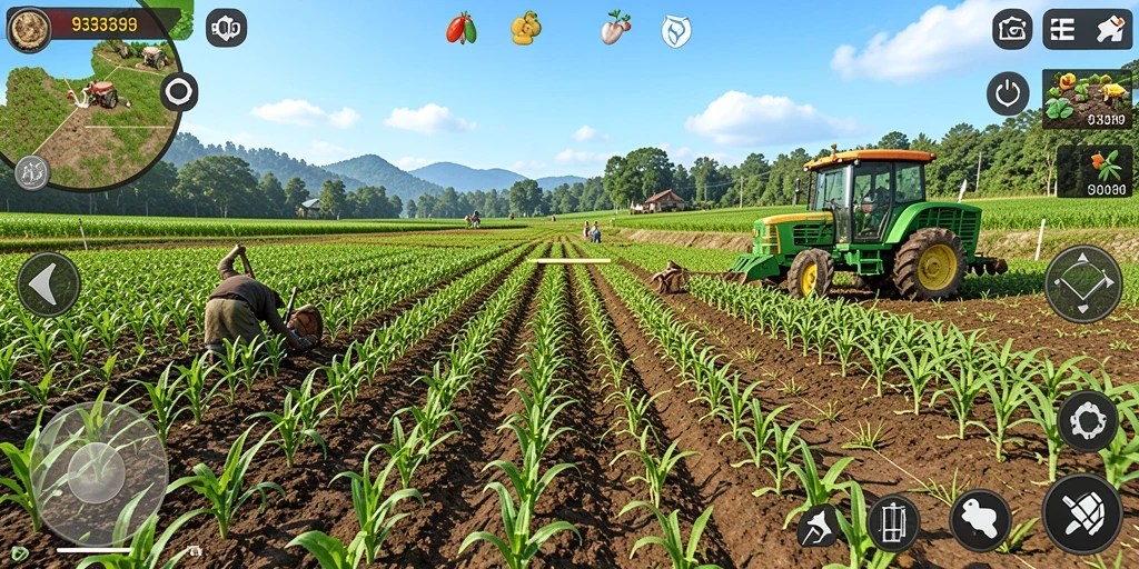Screenshot gameplay <strong>9399</strong> yang menunjukkan aktivitas bertani yang seru.