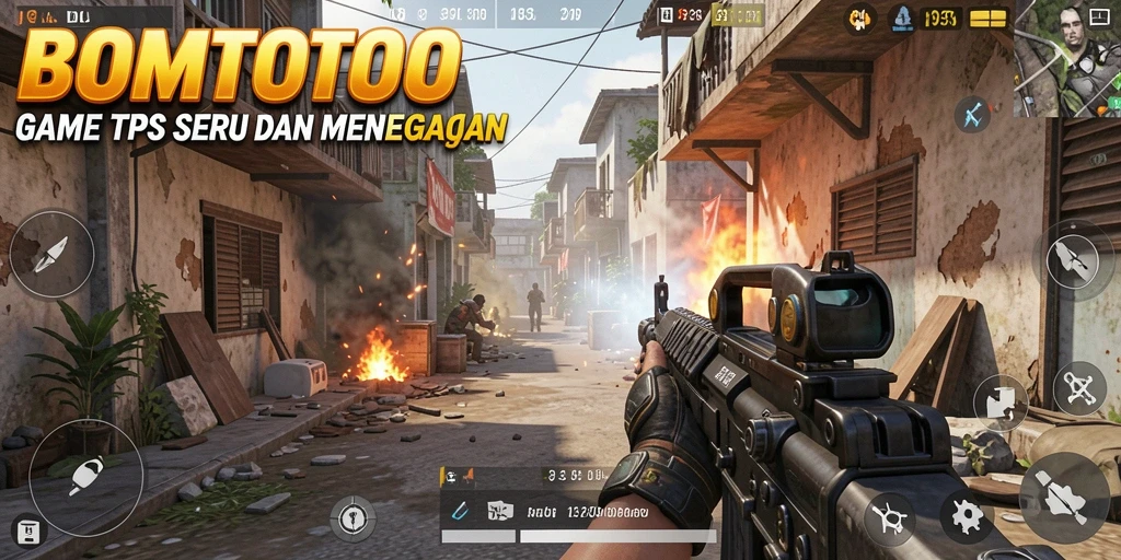 Screenshot gameplay BOMTOTO yang menunjukkan aksi seru dalam pertempuran TPS.