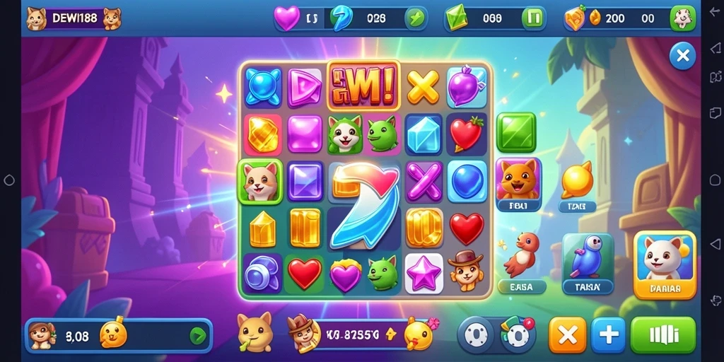 Screenshot gameplay DEWI188 menunjukkan kombinasi warna-warni yang menarik.