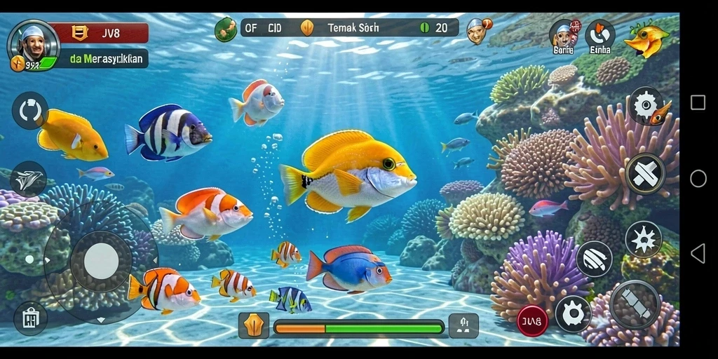 Screenshot gameplay JV88 menunjukkan aksi menembak ikan yang seru dan penuh warna.