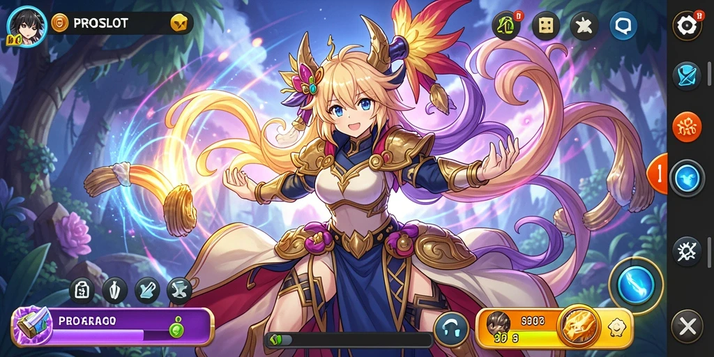 Tampilan utama dari gameplay PROSLOT menampilkan aksi karakter Anime yang seru.
