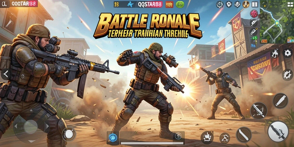 Tangkapan layar gameplay <strong>QQSTAR88</strong> menunjukkan aksi seru dalam Battle Royale.