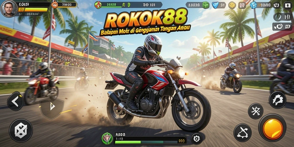 Tampilan menarik dari gameplay ROKOK88 saat balapan motor.