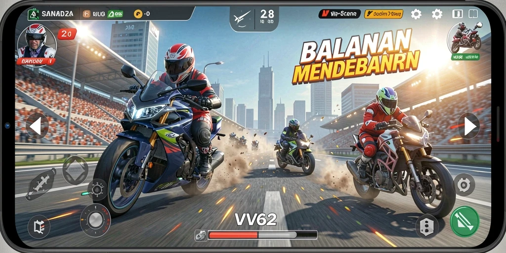 Screenshot gameplay VV62 menunjukkan aksi balapan motor yang mendebarkan.