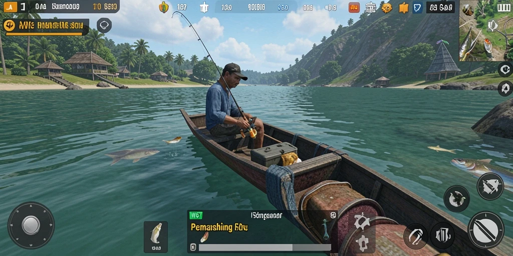 Screenshot W67 menampilkan gameplay memancing yang seru dan realistis.